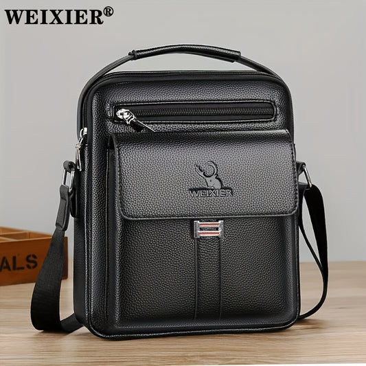 WEIXIER Men's Vintage Business Casual Shoulder Bag in Black, with Multiple Compartments and Zippered Pockets. Compact and secure for everyday use.