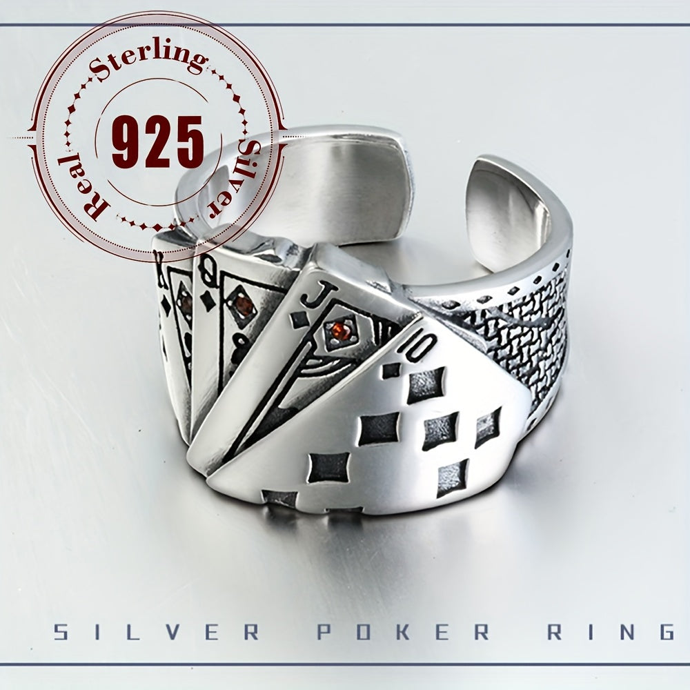 Vintage Hip-Hop Style Unisex 925 Sterling Silver Poker Ring, Open Band, 9g, Ideal for Daily Wear and Parties, Women's Fashion Jewelry Accessory