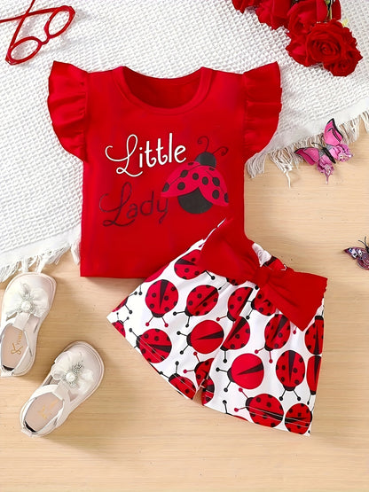 Adorable ruffled sleeve t-shirt and bow/ladybug shorts set for baby girls, ideal for casual outdoor wear this season.