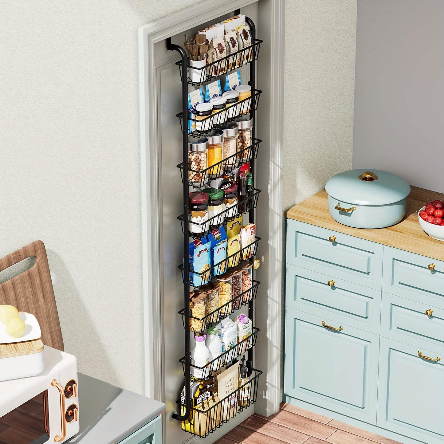 1pc Classic Black Metal Over-the-Door Pantry Organizer with 6-Tier Heavy-Duty Storage Rack for Easy Kitchen Essentials Organization.