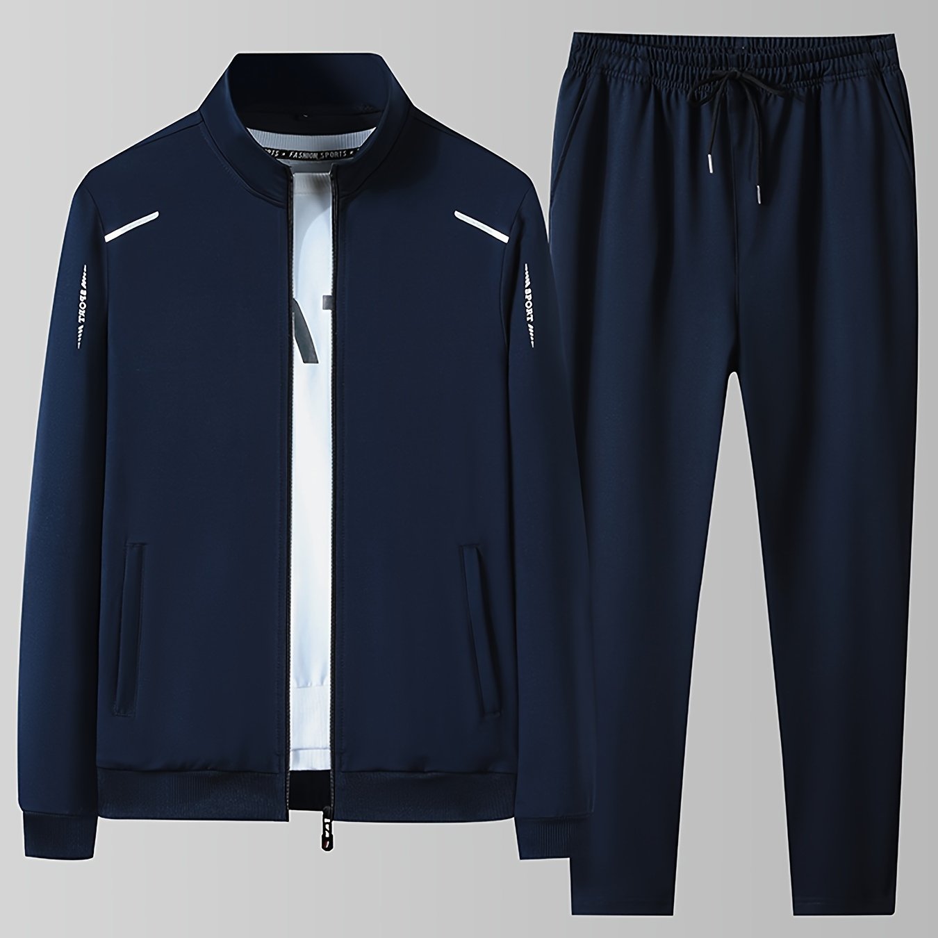 Men's athletic tracksuit with solid color zip-up stand collar jacket and casual loose pants.