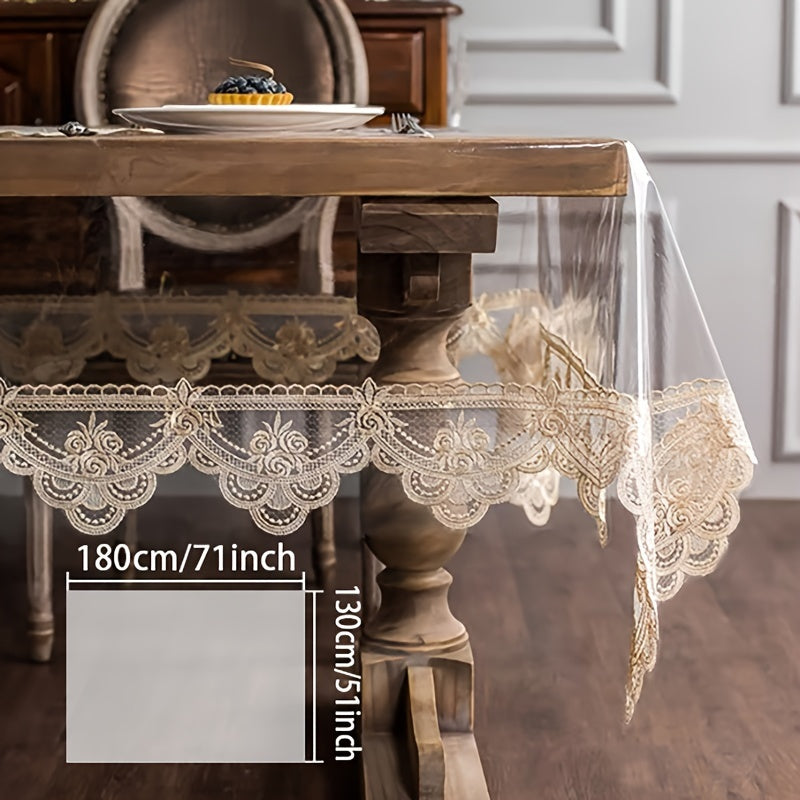 1 piece PVC table cover with non-slip lace border for kitchen, restaurant, party decor, and home use.