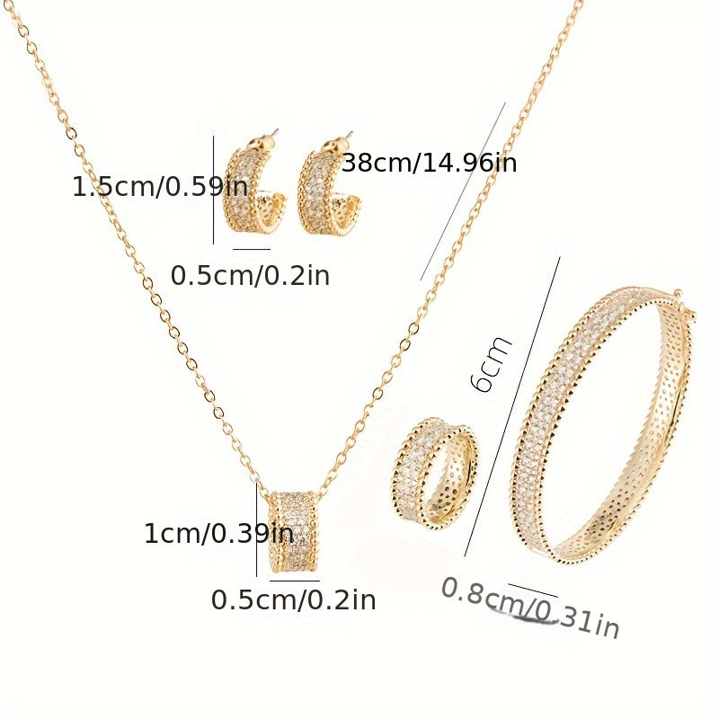 Indulgent Women's 14K Gold Plated Copper Jewelry Set featuring Synthetic Zirconia - Sophisticated Bracelet, Ring, Earrings, and Necklace Set for Parties and Vacations, Versatile Sexy Accessories for Every Season, Ideal for Mardi Gras Festivities