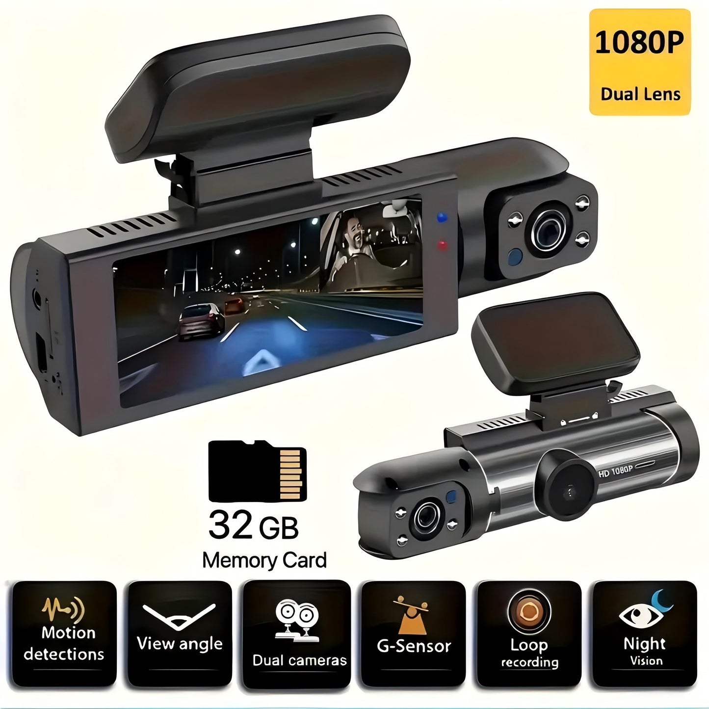 HD 1080P Dual-Camera Car DVR with Night Vision, IPS Screen, Wide Angle Lens - Easy Install, Rechargeable Battery, Front and Rear Cameras, Cycle Recording