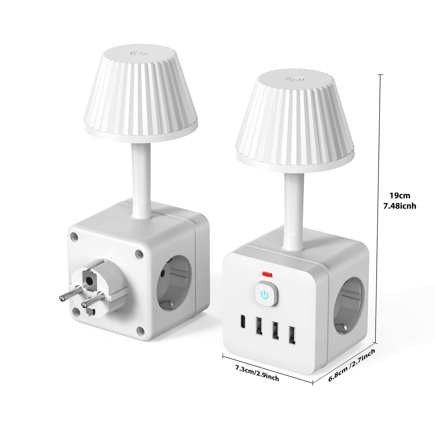 1pc Chiefway LED table lamp with dimmable light, multiple charging ports, power strip, surge protection, on/off switch, European plug, cube shape, 220-240V.