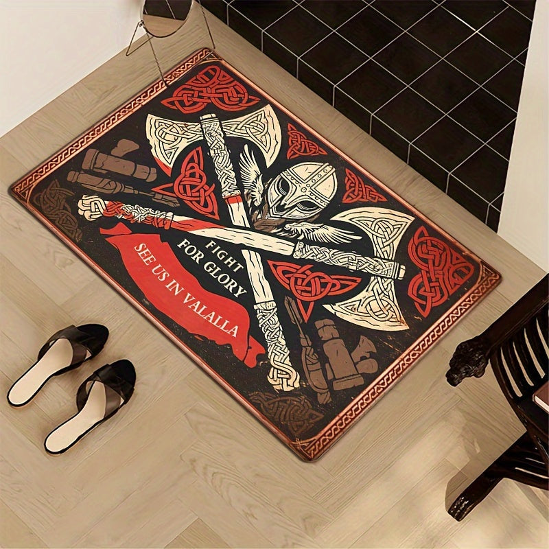 Flannel mat featuring retro Celtic axes print, 1 piece. Made of non-slip polyester material with a thickness of 1.2cm. Machine washable and fade resistant. Low pile design for soft absorption, suitable for bedroom, living room, or entryway decor.