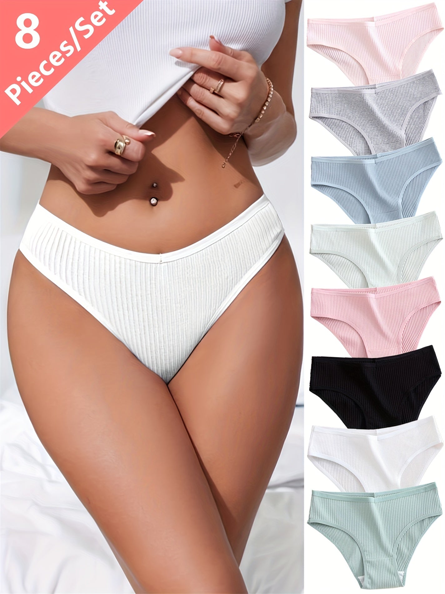 8 women's briefs with ribbed design, breathable and stretchy for comfort.