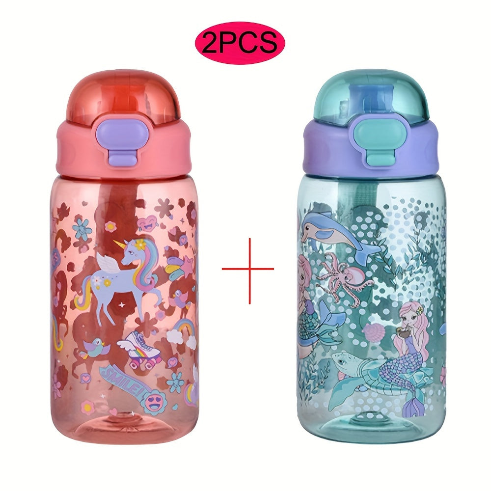 2 packs of 20oz thermal transfer cartoon pattern water cups with portable handles, perfect for home, outdoor activities, and gifts.