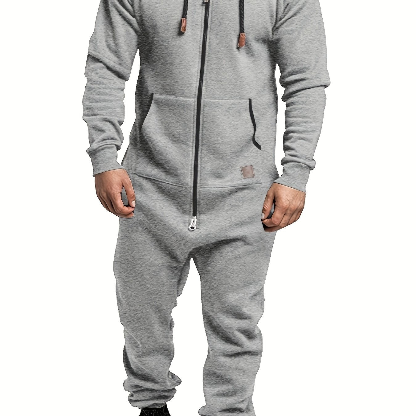 Men's Winter Pajama Jumpsuit - Solid color, long sleeved knit fabric, 100% polyester, hooded collar, with pockets and slight stretch. Comfortable lounge wear.