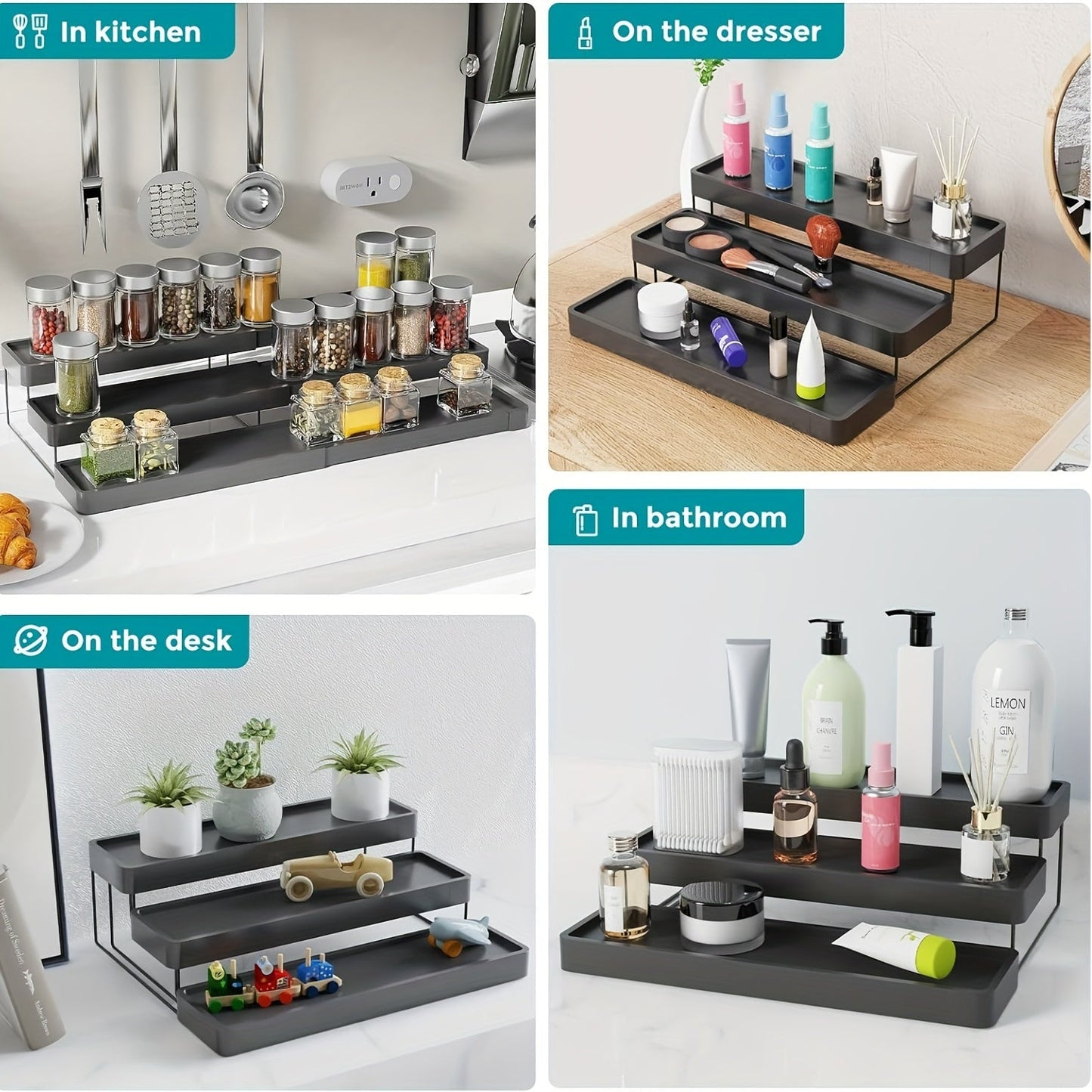 Expandable spice storage organizer, featuring 3 adjustable tiers for cabinets, countertops, cupboards, pantries, and shelves. Ideal for kitchen organization and storage, complete with kitchen accessories.