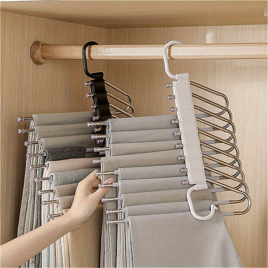 This multi-functional trouser hanger is made of stainless steel and can fold for convenient storage. It features multiple layers for organizing trousers and is a seamless addition to any wardrobe for efficient storage.