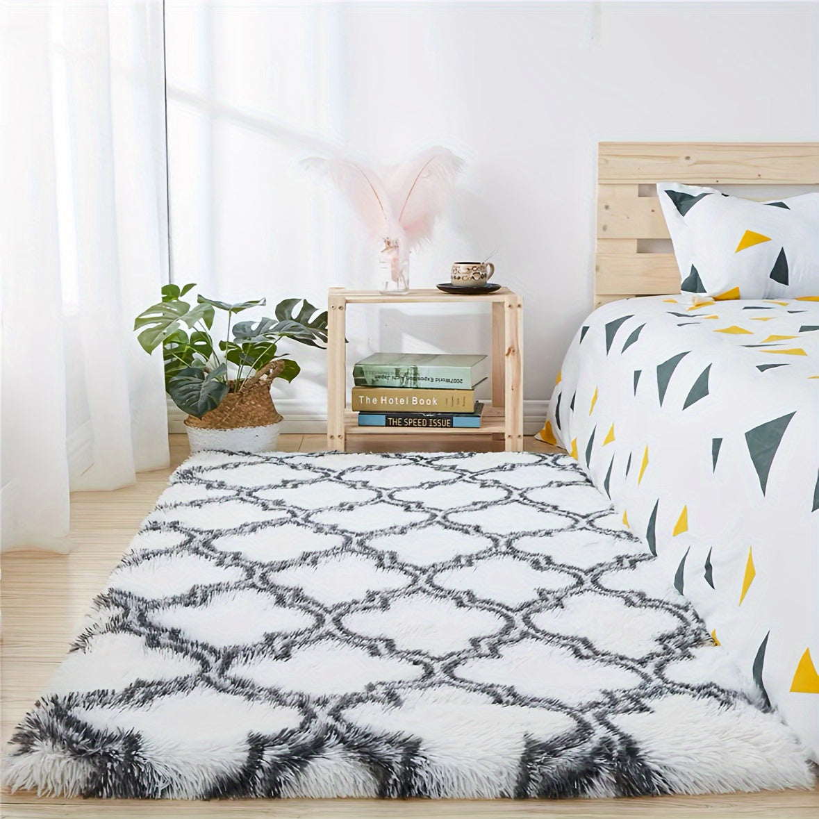 1 piece of a fluffy long pile area rug, designed with a non-slip feature and soft material. Perfect for adding a cozy Nordic style to your home decor, ideal for placing in the living room, sofa area, or by the bay window as a soft bedroom bedside carpet.