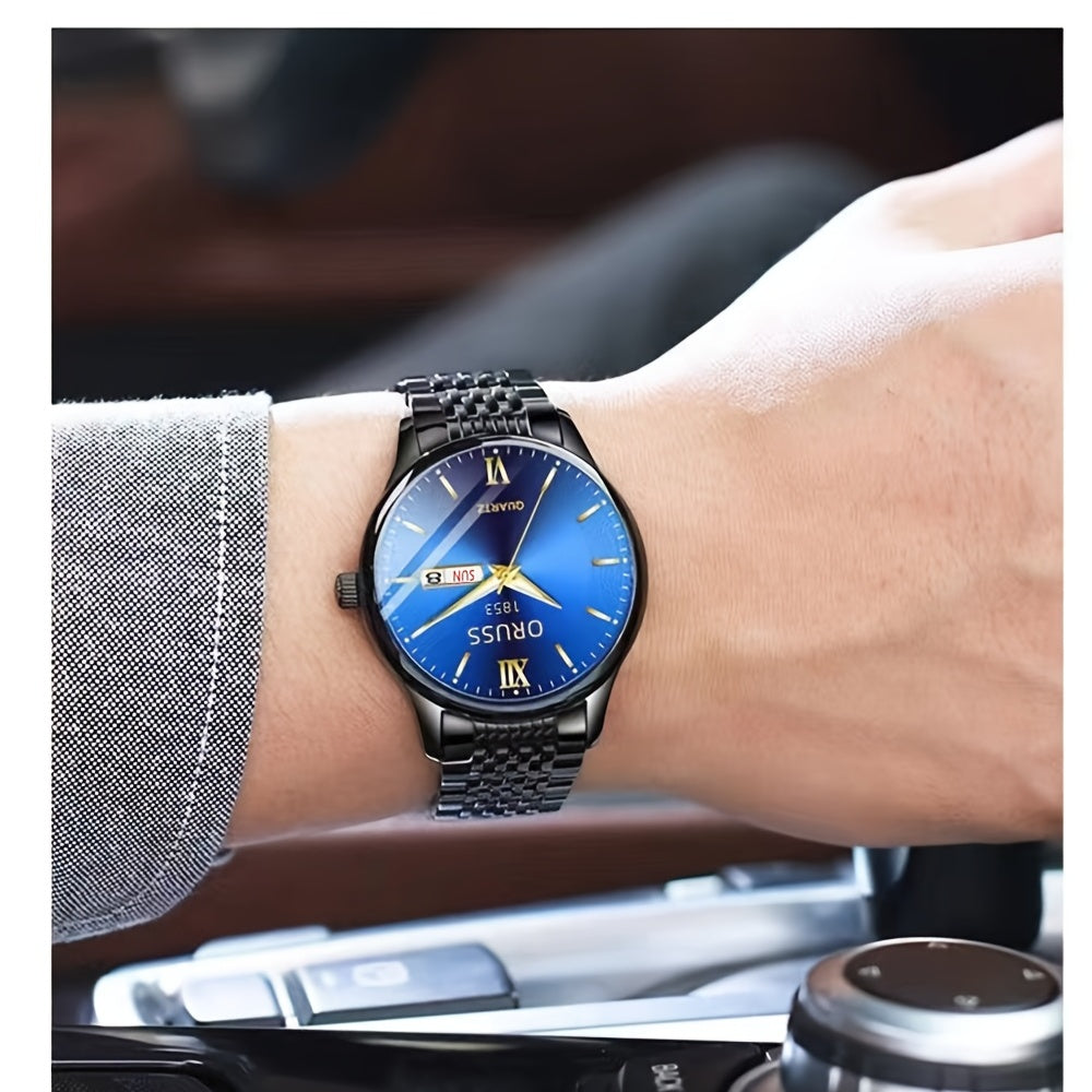 High-quality waterproof men's watch with glow-in-the-dark features and a calendar, perfect for the modern man looking to stay on trend in 2022. This steel watch is a stylish and practical gift option.