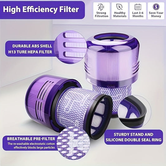 Set of 3 High-Efficiency Purple Vacuum Filters for Dyson V11 & V15 Models - Compatible with Animal/Extra/Torque Drive/Complete, Replaces Part No. 970013-02 and Comes with an Orange Cleaning Brush