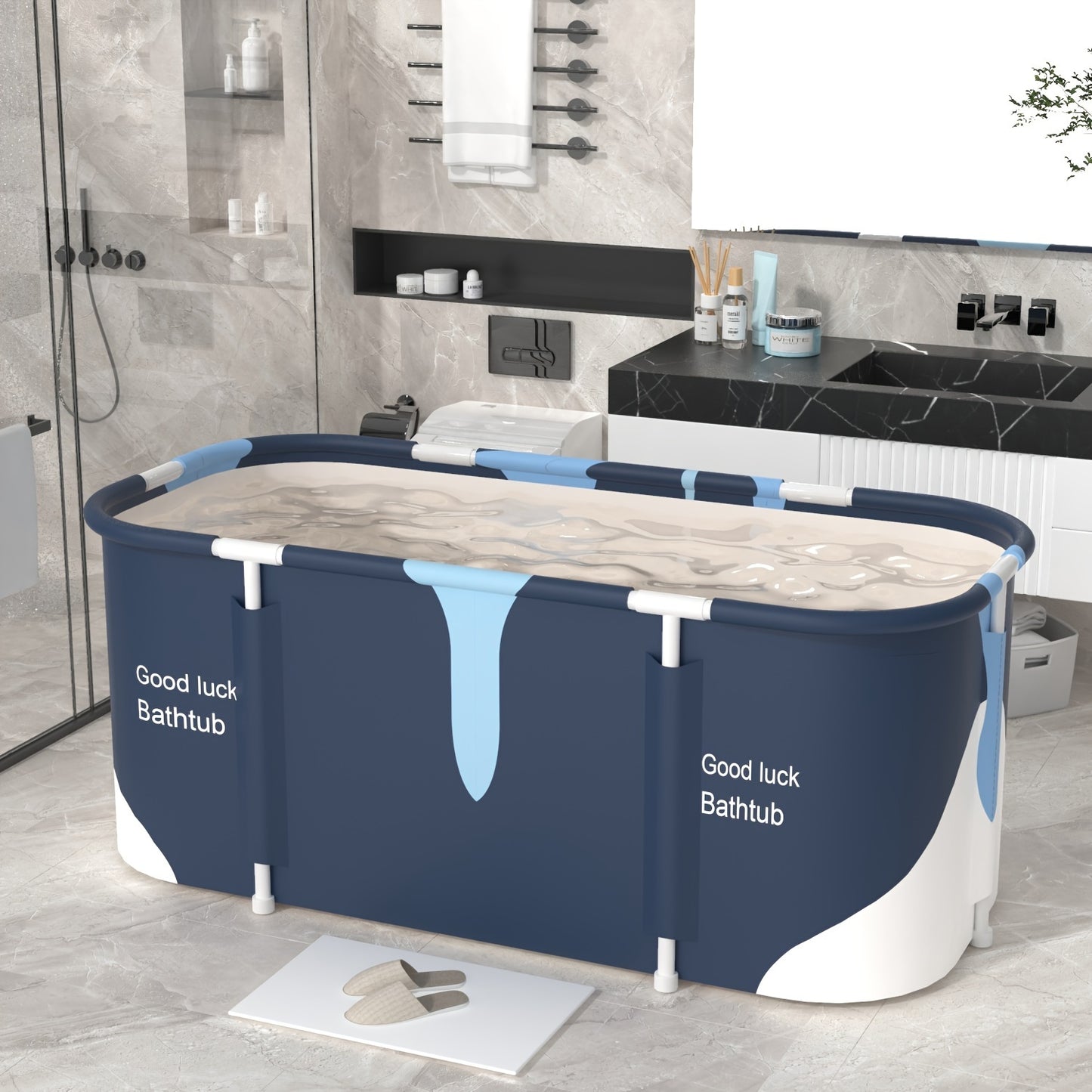 Adults' foldable freestanding bathtub for two, made of thick PVC in blue and white marble pattern with "GOOD LUCK BATHHUB" design, easy to use without installation.