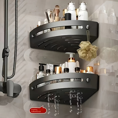 Set of 3 plastic corner shelves for versatile hanging storage in bathrooms, kitchens, and other rooms without drilling.