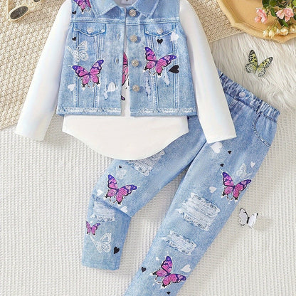 Stylish 3-piece girls' outfit set with butterfly print top, denim-look vest, and casual pants for spring/fall. Features round neck, distressed print, suitable for autumn outings, perfect