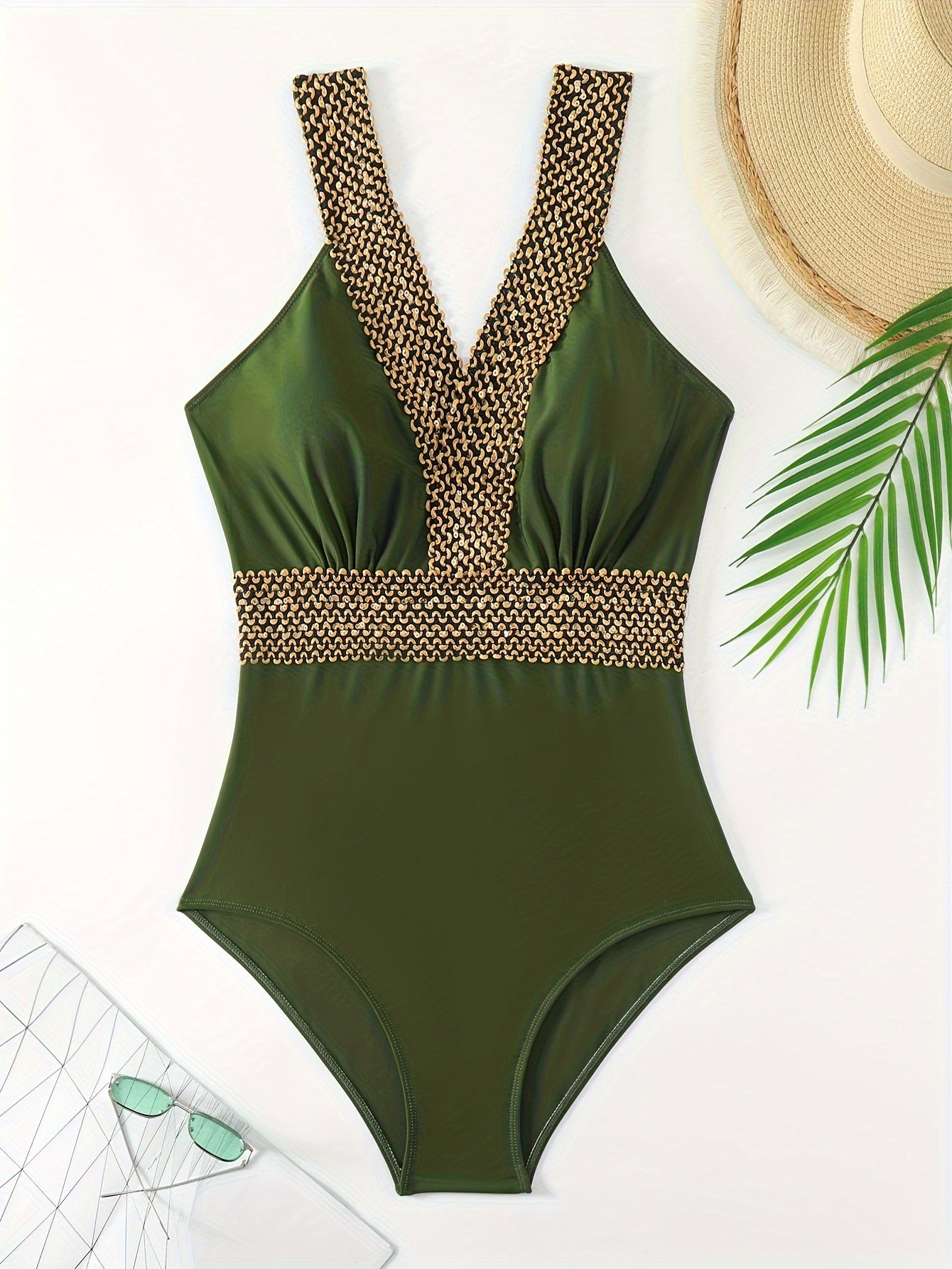 Compare Golden Band One-piece Swimsuit with V Neck Back Buckles Backless Bathing Suits for Women.