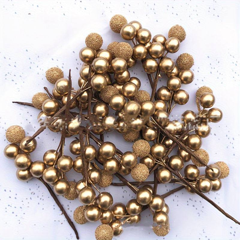 Christmas berry garland with golden and silver plastic berries for festive decorating - ideal for trees, wreaths, and more.