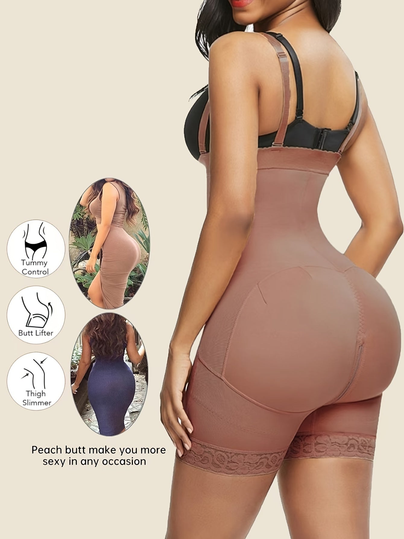 High-waist shapewear bodysuit with tummy control, zipper, and lace detail. Butt lifting and slimming shorts romper for women in beige. Made from a breathable spandex/nylon blend. Hand wash