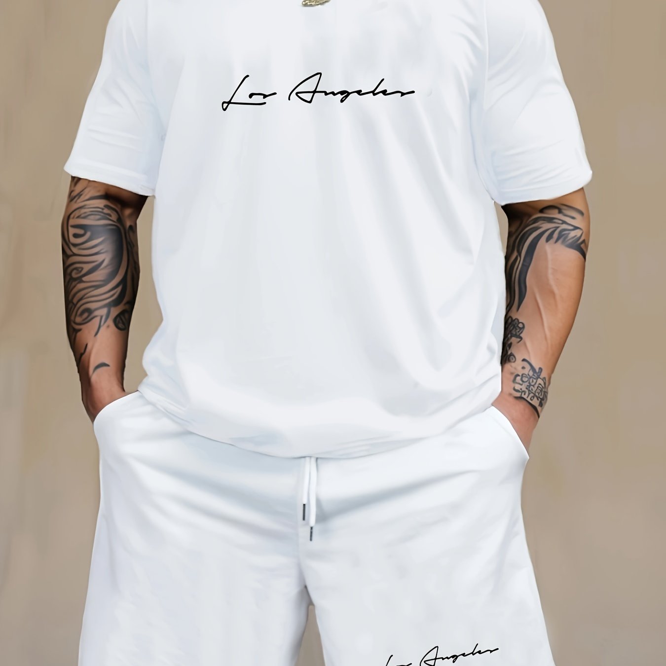 Casual 2pcs set for men, featuring Los Angeles print on a short sleeve crew neck t-shirt and knee-length shorts. Made with a comfortable blend of polyester and spandex, suitable for