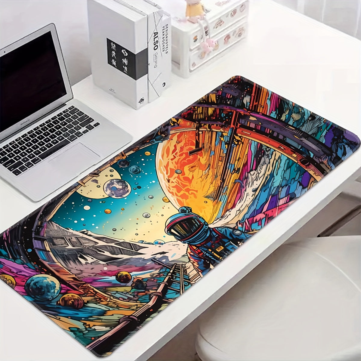 Large gaming mouse pad with a space theme, made of rubber with precision-locked edges. Washable and non-slip for computer eSports.