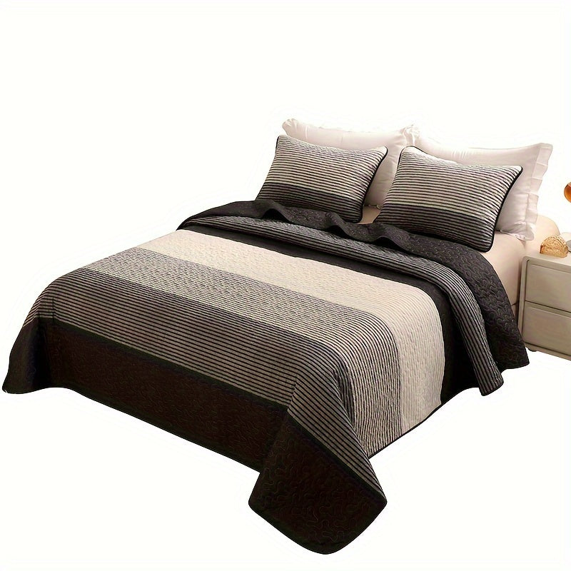 3-piece brushed bedspread set in black, grey, and white stripes, includes 1 bedspread and 2 pillowcases. Soft, warm, and quilted, suitable for bedroom and guest room decor. Core not