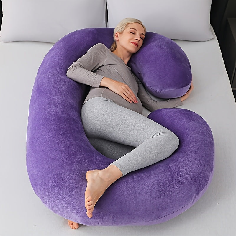 The Ultra-Soft Crystal Velvet Maternity Pillow offers C-Shaped full body support with a removable and washable cover. It includes a large lumbar cushion for comfortable sleep during pregnancy, making it the perfect gift for Christmas, Halloween, and