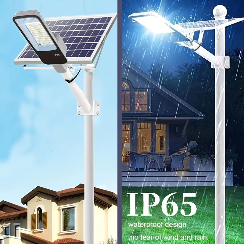 Solar street light and wall light with remote control, 6000mAh battery, smart light sensor, automatic switching, 252 high brightness LEDs. Ideal for outdoor spaces.