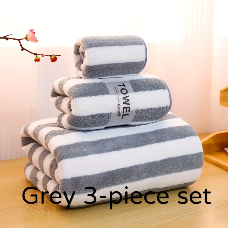 Luxury bath towel set in blue & white stripes - ultra-soft, highly absorbent microfiber. Includes large bath towel, bath towel, and washcloth. Lint-free, skin-friendly for home & hotel use. Ideal for bathrooms.