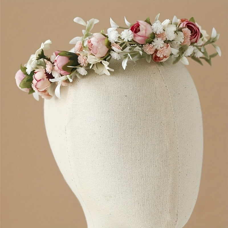 1 piece of women's flower headband featuring artificial wreath, boho hair band, wedding bridal flower crown with ribbon, and simulation floral garland for wedding party.