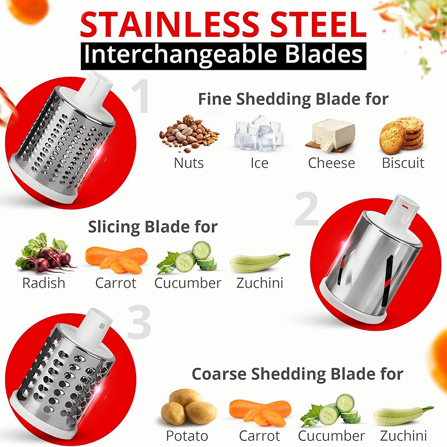 One piece of a durable plastic 3-blade fruit and veggie slicer and shredder, suitable for food-grade use in home kitchens, restaurants, and baking. This versatile tool is easy to assemble and perfect for all types of food preparation.