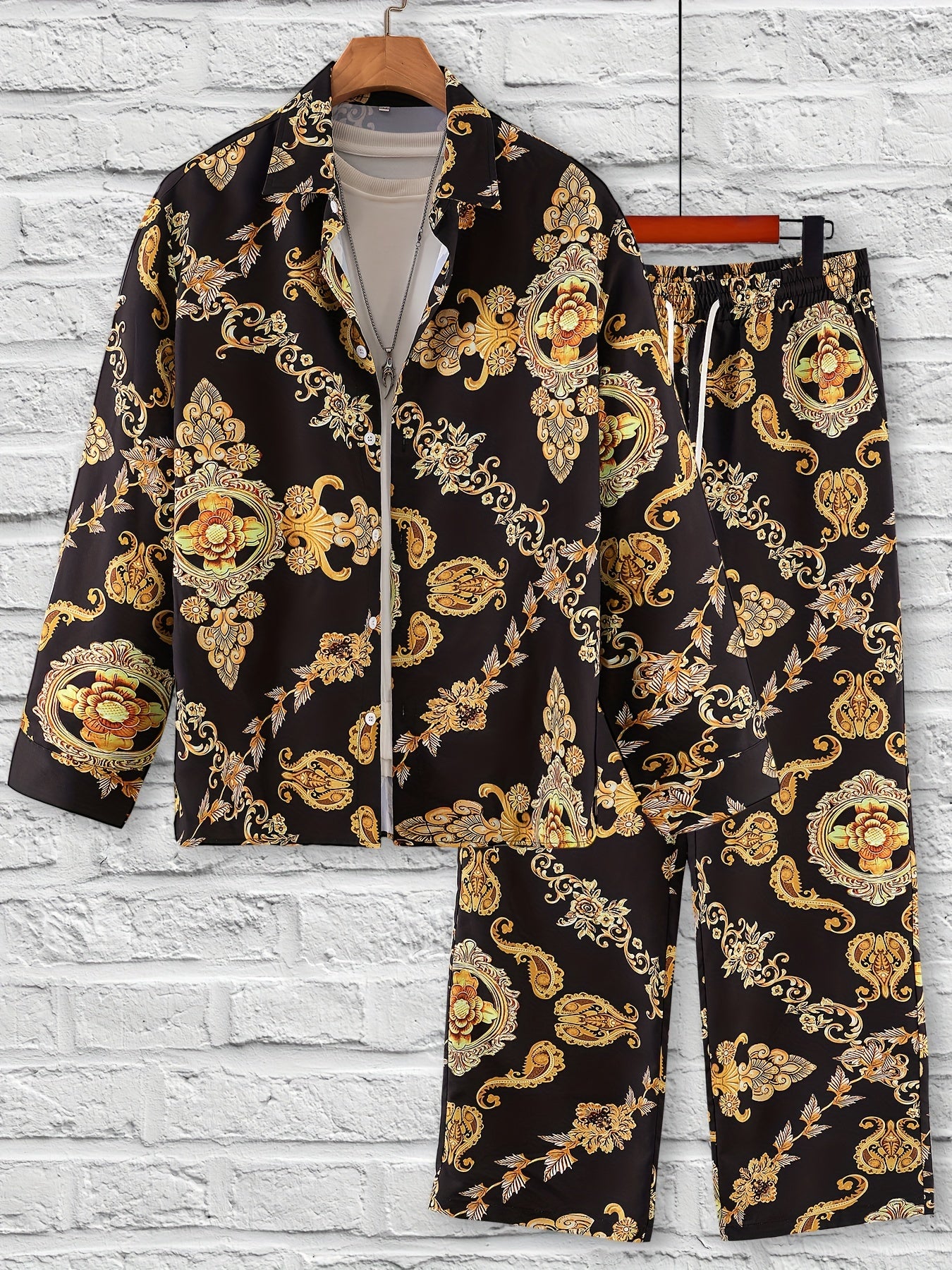 Men's Casual Baroque Style Printed Shirt Set with Elastic Waist Trousers and Pajamas.