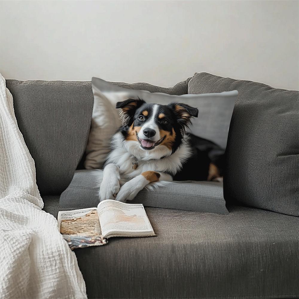 Polyester Throw Pillow Cover featuring an Australian Shepherd Dog design. Square cushion case with removable cover, machine washable and light compression. Ideal for use on your sofa, bedroom, or in the office. Fits cushions up to 45.01cm. Note: Cushion