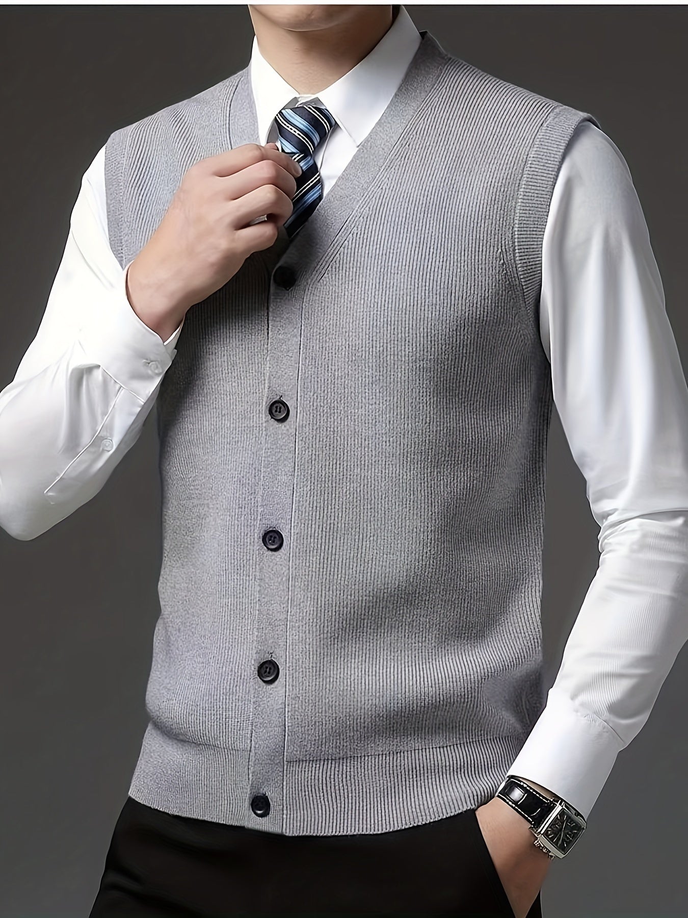 Men's solid color V-neck knitted vest for autumn and winter.