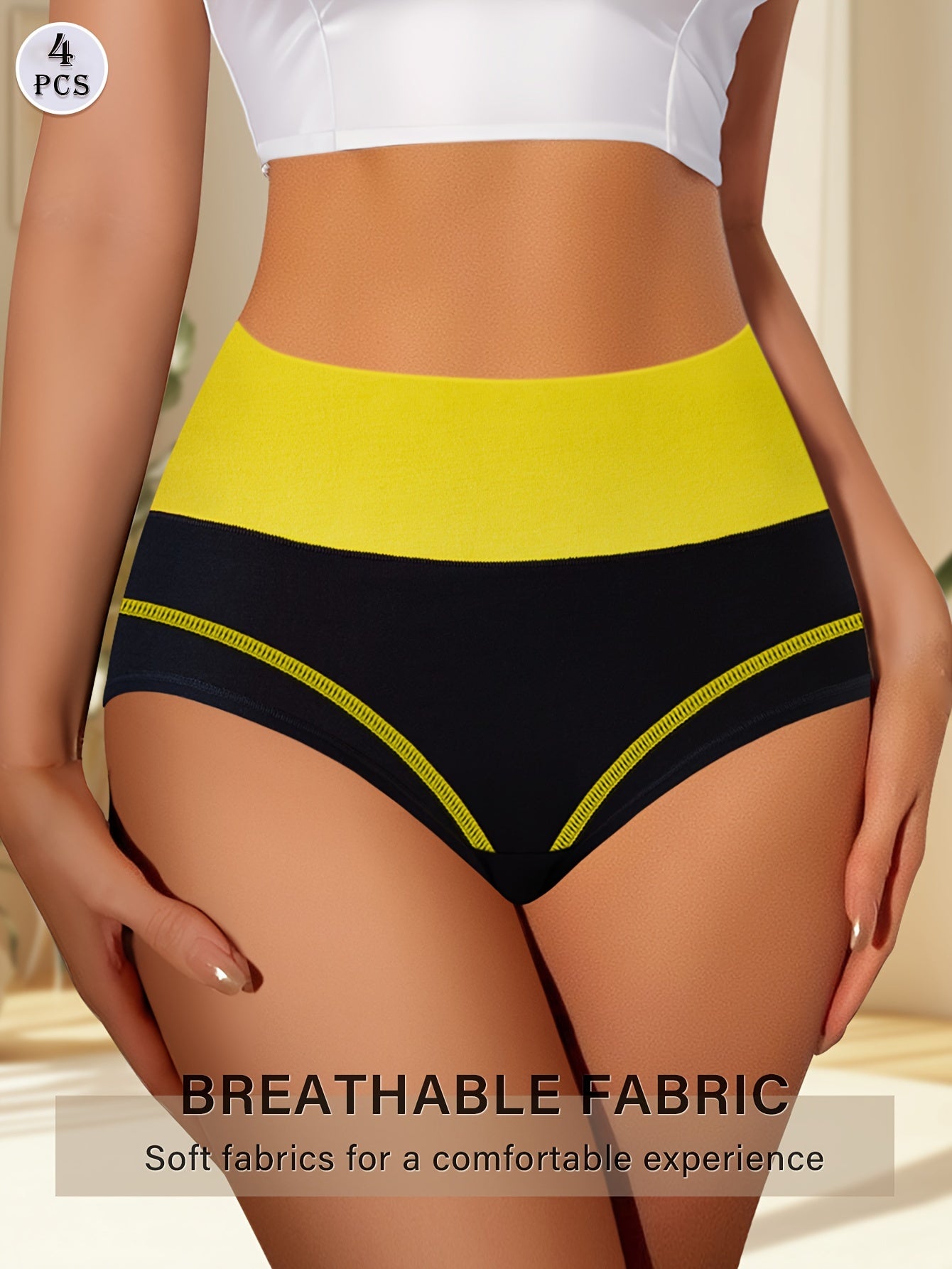 4 high waist tummy control panties with contrast color, comfortable fit.