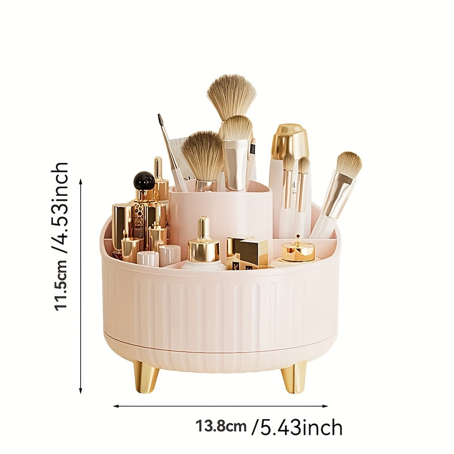 Rotating Pink & Golden Makeup Organizer with Multiple Compartments and Brush Holder, Perfect for Vanity or Bathroom Countertop.