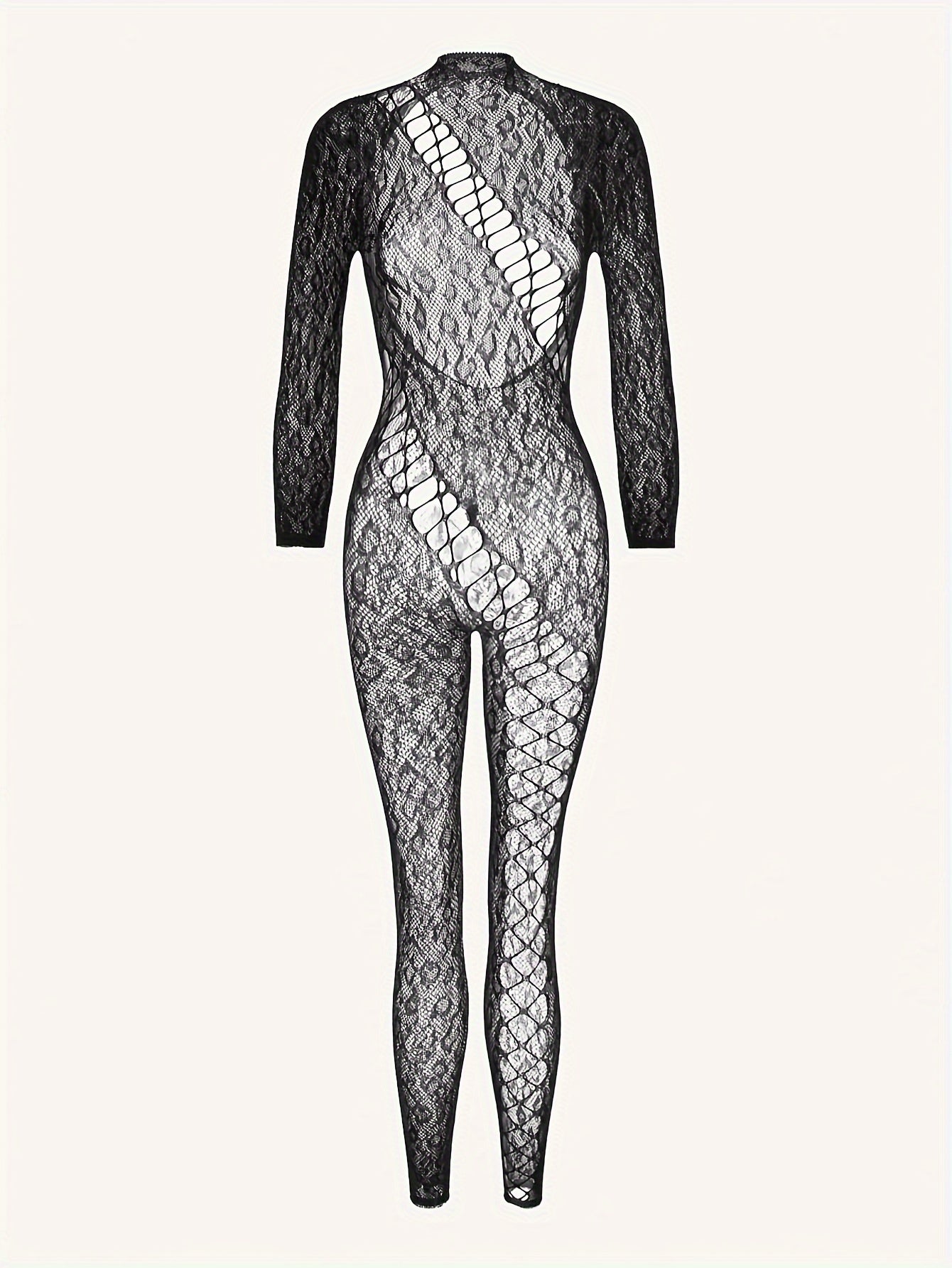 Women's Leopard Fishnet Bodystocking with Long Sleeve, Backless Design - Sexy Lingerie