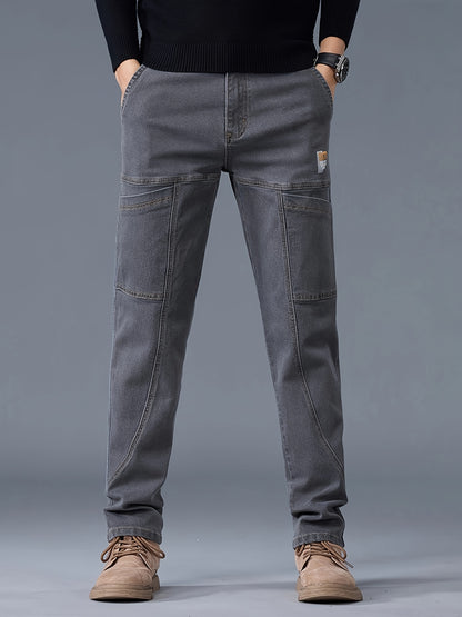 Men's fashion denim jeans made of 70% cotton, 28% polyester, and 1.3% elastane. Features a regular fit, mid waist, zipper fly, and all-season wear. Constructed with 300g/m² woven fabric