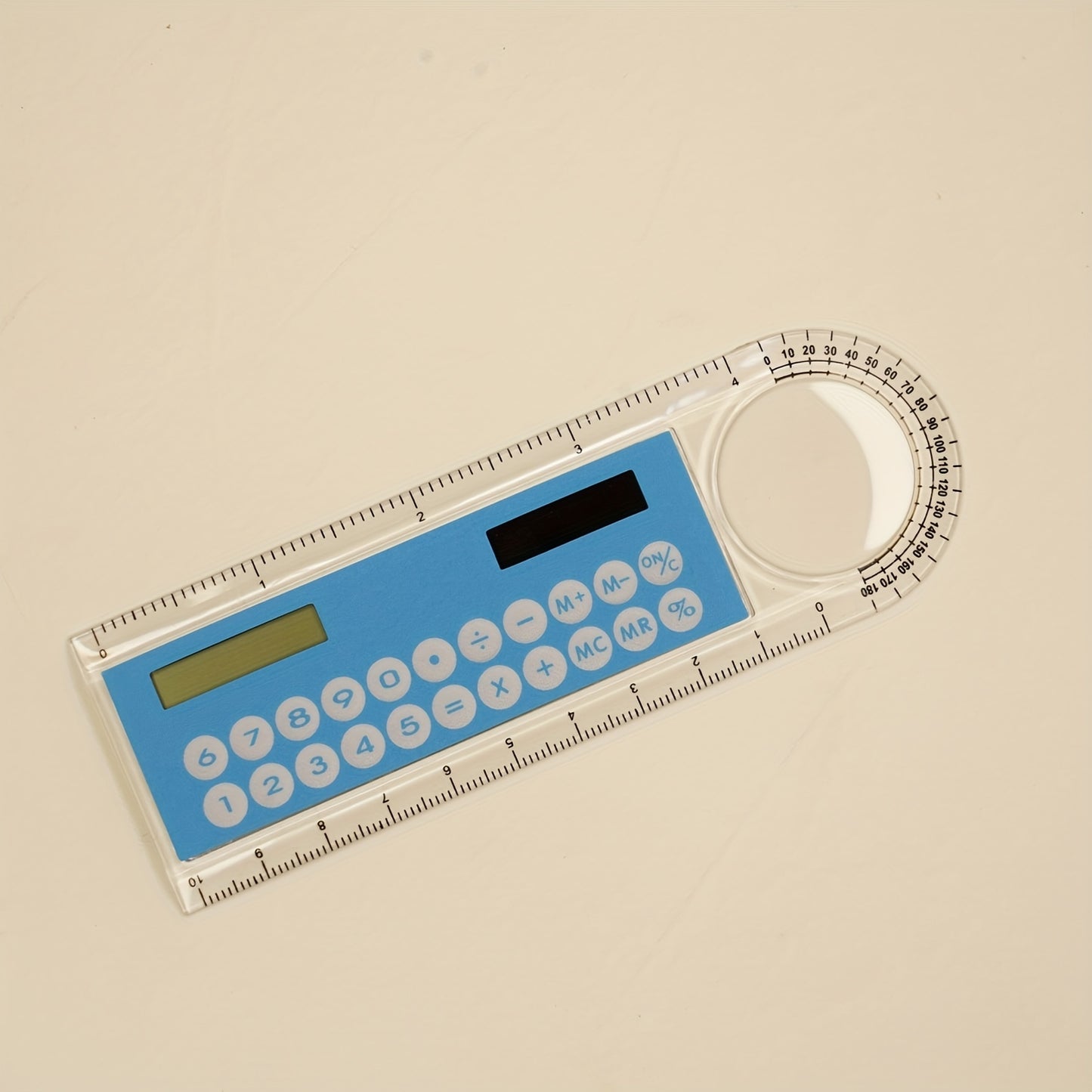 Mini Ultra-Thin Solar Calculator Ruler with Magnifying Glass - 10cm School/Office Supplies