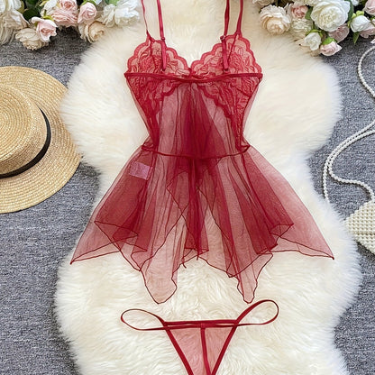 Sheer lace lingerie set with bow cami dress and thong - women's sexy underwear.