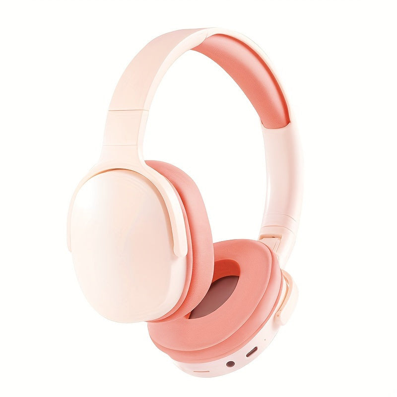 Foldable wireless headphones with stereo sound, passive noise-cancellation, long-lasting battery, and USB charging in light blue/beige/pink/white/black. Comfortable padded ear cups ideal