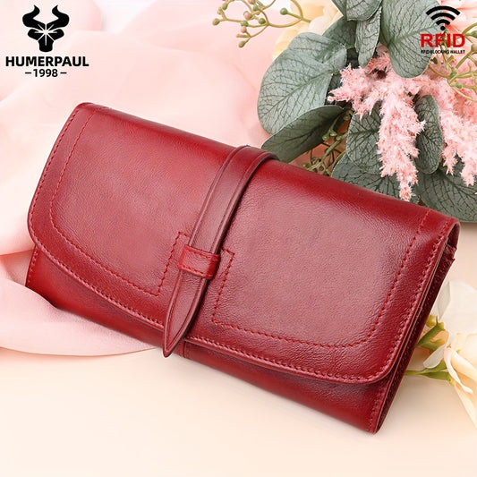 Red RFID blocking long clutch wallet with snap closure, zipper, coin pocket, and multiple card slots.