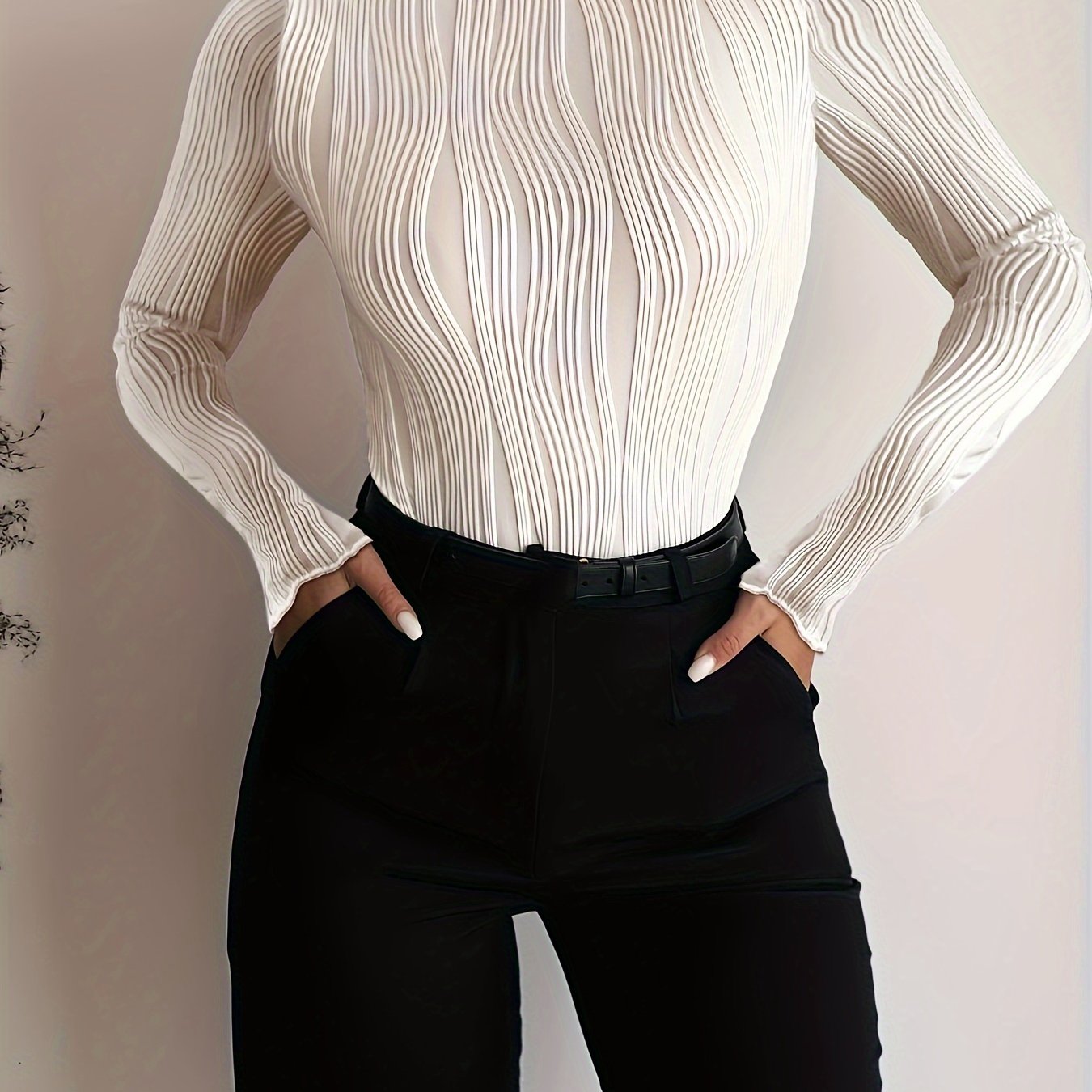 Slim Textured Frill Neck T-Shirt, Elegant Long Sleeve for Spring & Fall, Women's Clothing