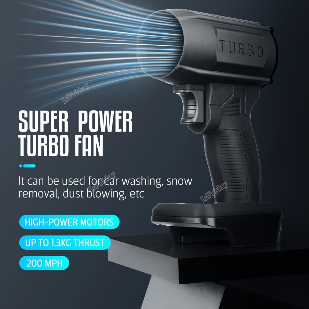 Introducing the 1pc Turbo Jet Blower Fan - a powerful 100W rechargeable handheld fan with brushless technology and touch control. This fan is perfect for both indoor and outdoor use, made from durable plastic material with a convenient button switch.