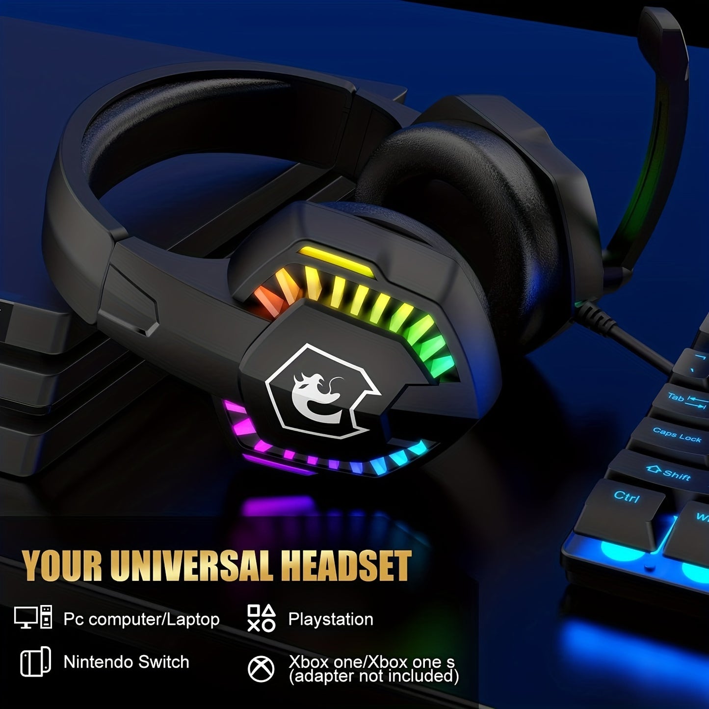 Black Wired Gaming Keyboard and Mouse Headset Combo with Rainbow LED Backlit Keyboard, Over Ear Headphone with Mic, Rainbow Backlit Gaming Mice, Mouse Pad for PC, Laptop, Mac, PS4, Xbox.