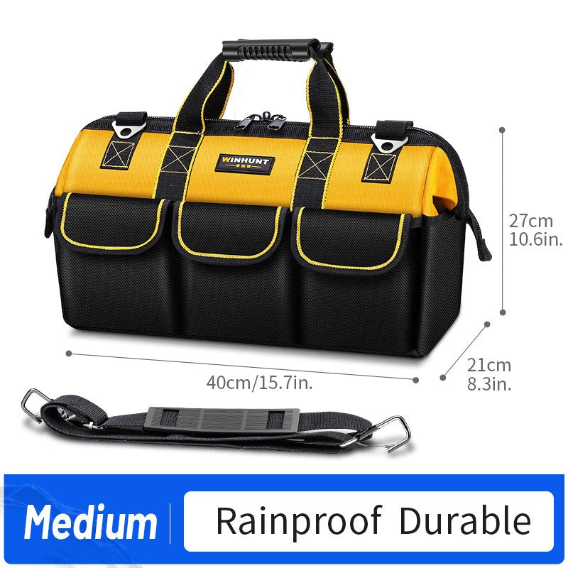 WINHUNT Electrician's Tool Bag - Durable canvas, many compartments, black & yellow, polyester, for tools, fishing gear, woodworking.