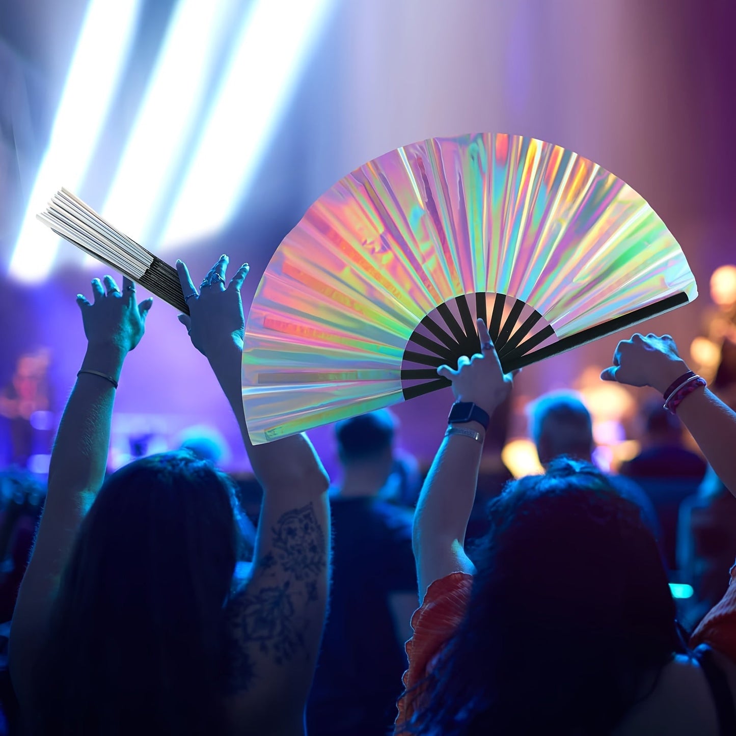 Handheld Party Fan - Vibrant colors make it perfect for festivals, rainbow outfits, disco parties, and dancing. Made of high-quality wooden material, this large folding fan is a stylish accessory to keep you cool at any event.