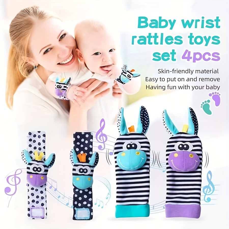 Set of 2 or 4 Baby Toys: Adorable Animal Wrist Rattle and Foot Find Socks for Babies 0-12 Months - Perfect Newborn, Birthday, or Christmas Gift for Baby Boys and Girls