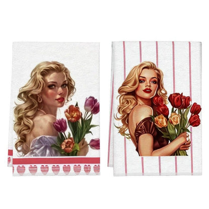 Set of 2 Kitchen Towels featuring tulips flowers and a blonde beauty. These towels measure 45.72*66.04cm and are perfect for adding a touch of elegance to your kitchen, bathroom, or home decor. They are soft, absorbent, and sure to impress.